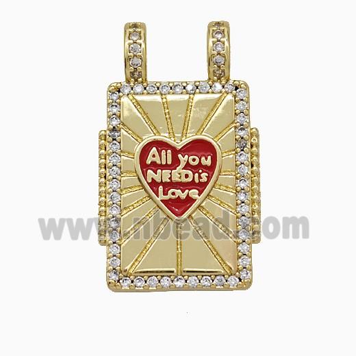 Copper Tarot Card Pendant Micropave Zirconia Red Enamel Heart 2loops Rectangle Gold Plated