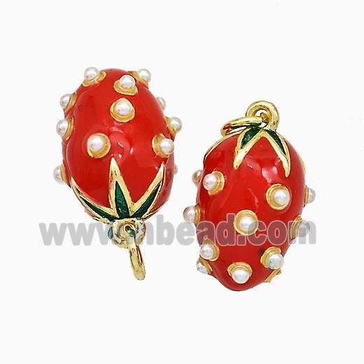 Copper Strawberry Pendant Pave Pearlized Resin Red Enamel Gold Plated