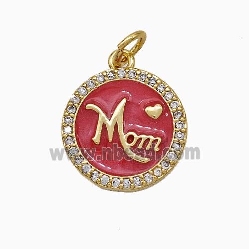 Copper Circle Pendant Pave Zirconia Red Enamel Mom Gold Plated