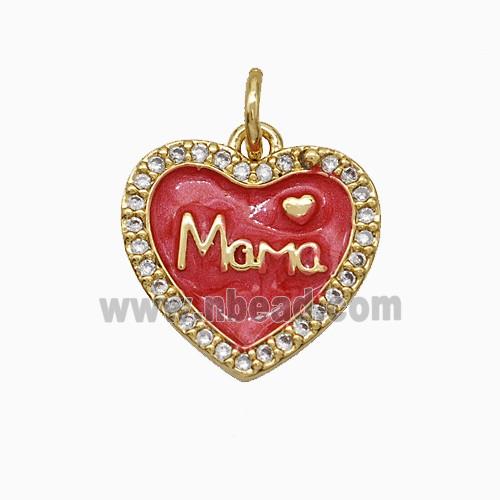 Copper Heart Pendant Pave Zirconia Red Enamel Mama Gold Plated