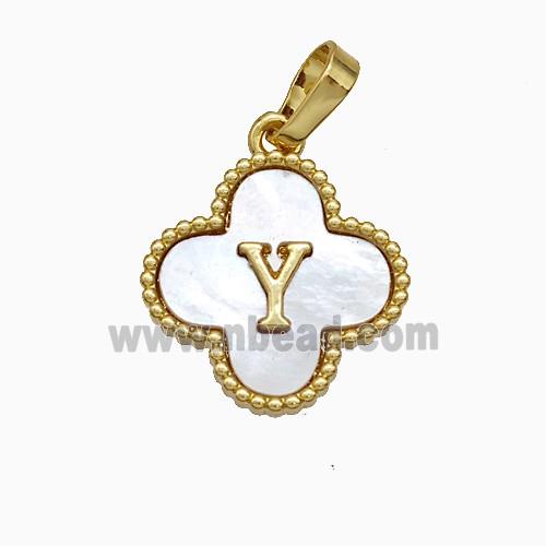 Copper Clover Pendant Pave Shell Letter-Y 18K Gold Plated