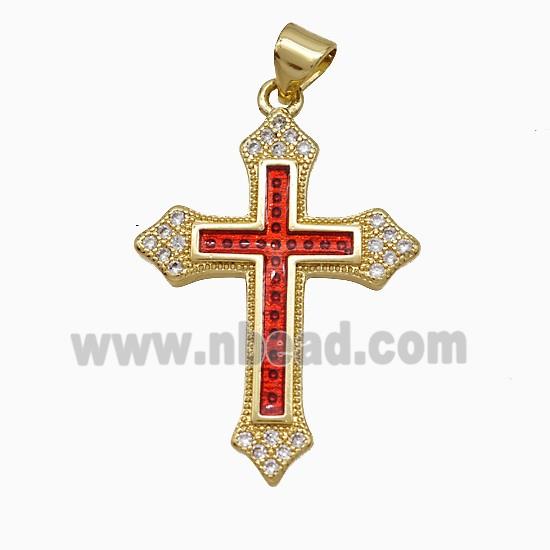Copper Cross Pendant Pave Zirconia Red Painted 18K Gold Plated