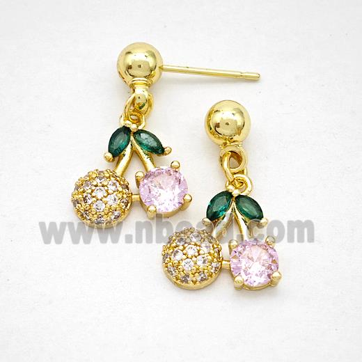 Copper Cherry Stud Earrings Pave Zirconia Gold Plated