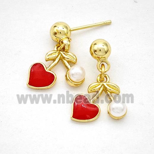 Copper Cherry Stud Earrings Pave Pearlized Resin Red Enamel Gold Plated
