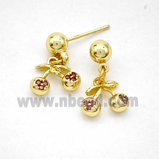 Copper Cherry Stud Earrings Pave Zirconia Gold Plated