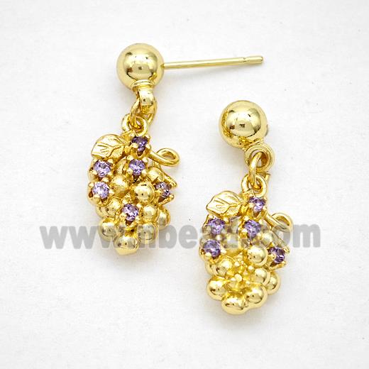 Copper Grape Stud Earrings Pave Zirconia Gold Plated