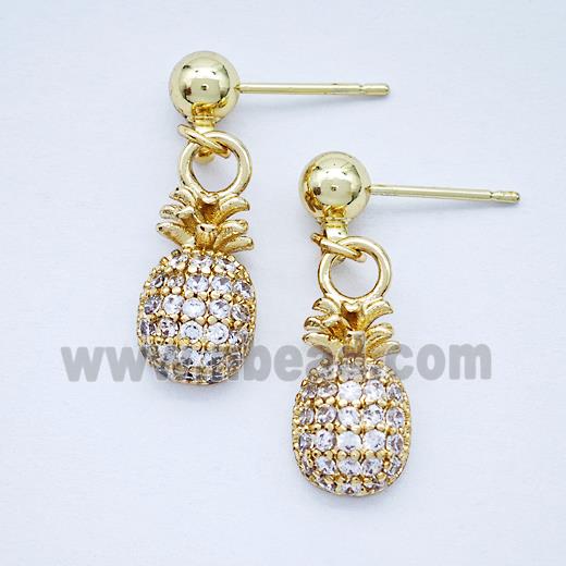 Copper Pineapple Stud Earrings Pave Zirconia Gold Plated