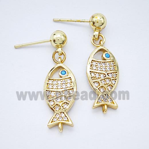 Copper Fish Stud Earrings Pave Zirconia Gold Plated