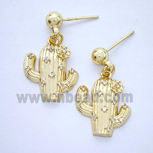 Copper Cactus Stud Earrings Pave Zirconia Gold Plated