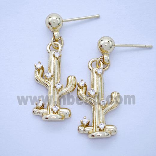 Copper Cactus Stud Earrings Pave Zirconia Gold Plated