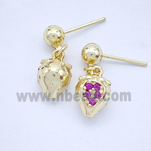 Copper Strawberry Stud Earrings Pave Zirconia Gold Plated