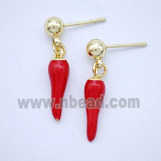 Copper Chili Stud Earrings Red Enamel Gold Plated