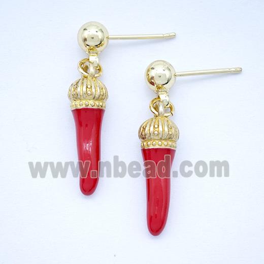 Copper Chili Stud Earrings Red Enamel Gold Plated
