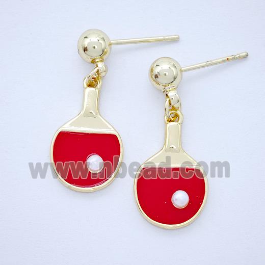 Copper Stud Earrings Red Enamel Table Tennis Rackets Sports Gold Plated
