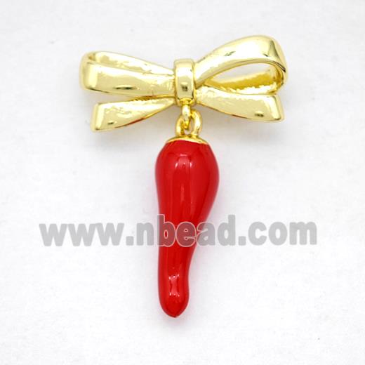 Copper Bowknot And Chili Earrings Red Enamel Gold Plated