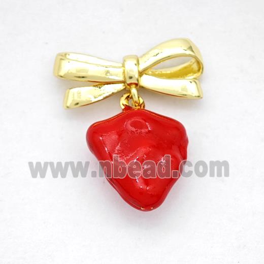 Copper Bowknot And Strawberry Earrings Red Enamel Gold Plated