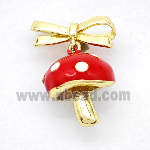 Copper Bowknot And Mushroom Earrings Red Enamel Gold Plated