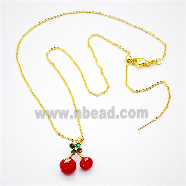 Copper Cherry Necklace Red Enamel Gold Plated
