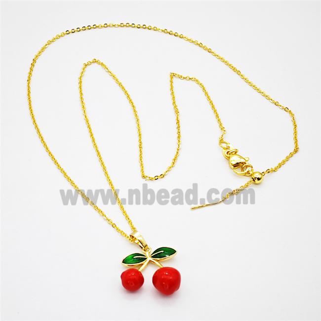 Copper Cherry Necklace Red Enamel Gold Plated