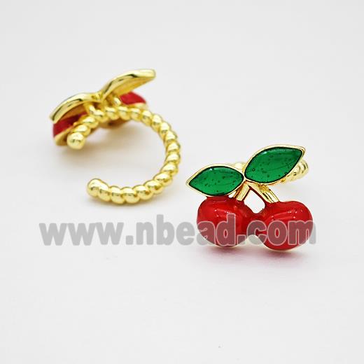 Copper Cherry Clip Earrings Red Enamel Gold Plated