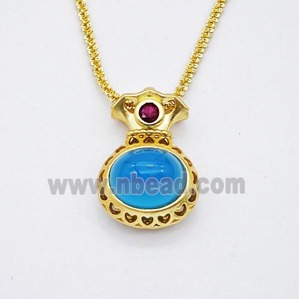 Copper Necklace With FortuneBag Pave Blue Jade Gold Plated