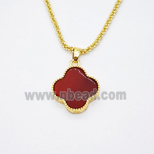 Copper Clover Necklace Pave Red Agate Gold Plated