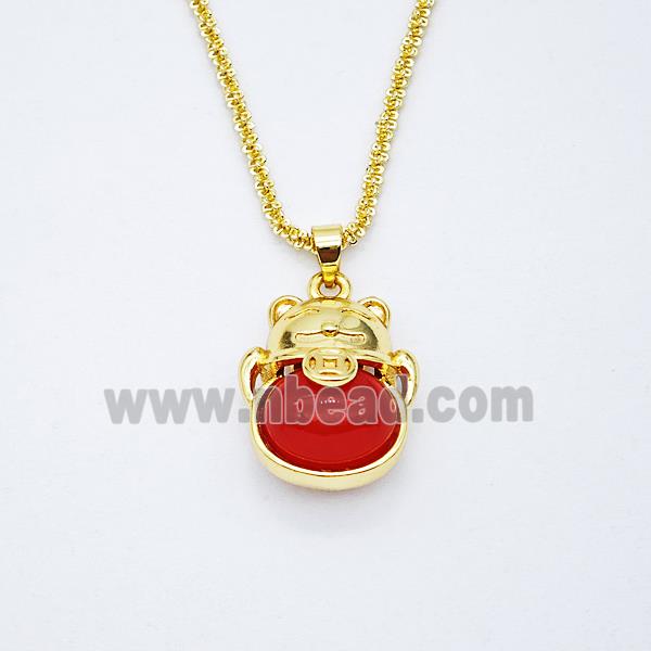 Copper Luckycat Necklace Pave Red Agate Gold Plated