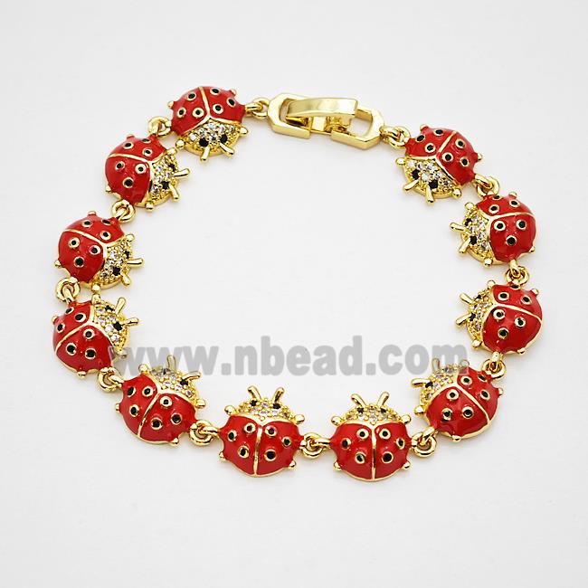 Copper Ladybug Bracelets Pave Zirconia Red Enamel Gold Plated