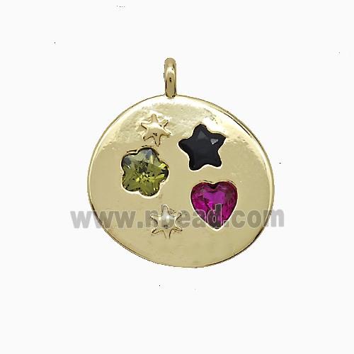 Copper Circle Pendant Pave Zirconia Flower Star Heart Gold Plated
