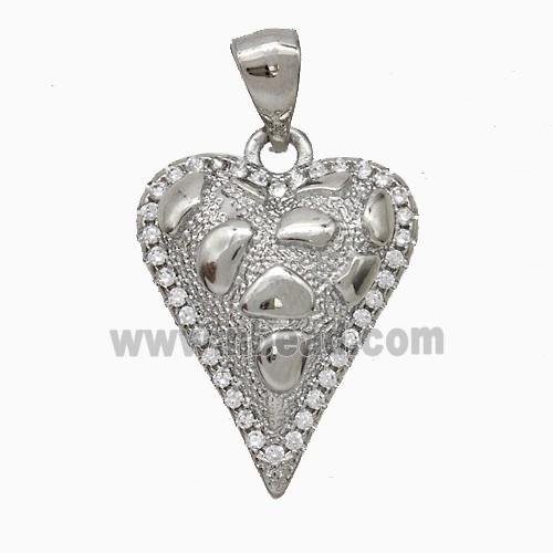 Copper Heart Pendant Pave Zirconia Hammered Platinum Plated