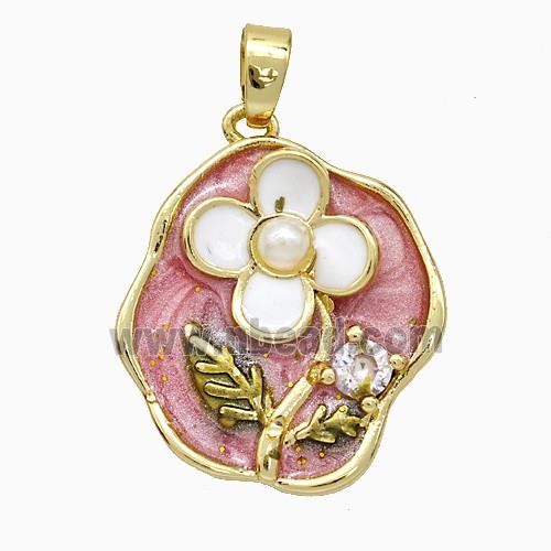 Copper Flower Pendant Pave Zirconia Pink Painted Gold Plated