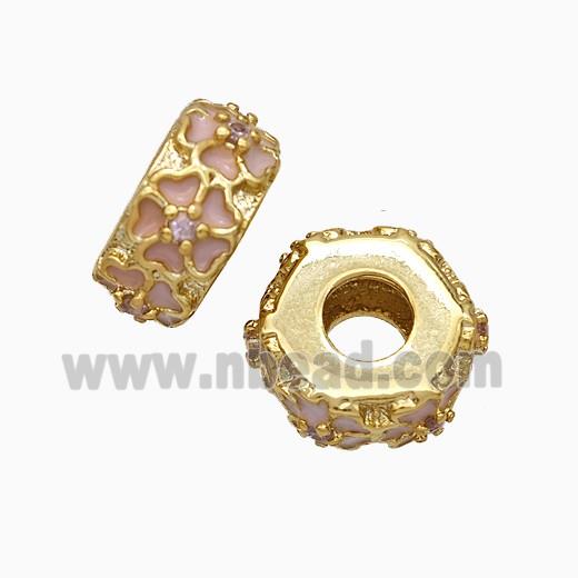 Copper Hexagon Beads Large Hole Enamel Pink Flower Gold Plated