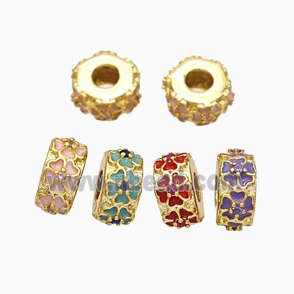 Copper Hexagon Spacer Beads Large Hole Enamel Flower Heishi Gold Plated Mixed