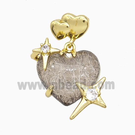 Coffee Resin Heart Pendant Copper Star Pave Zirconia Gold Plated