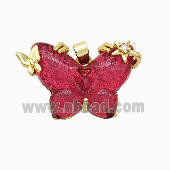 Red Resin Butterfly Pendant Copper Star Pave Zirconia Gold Plated
