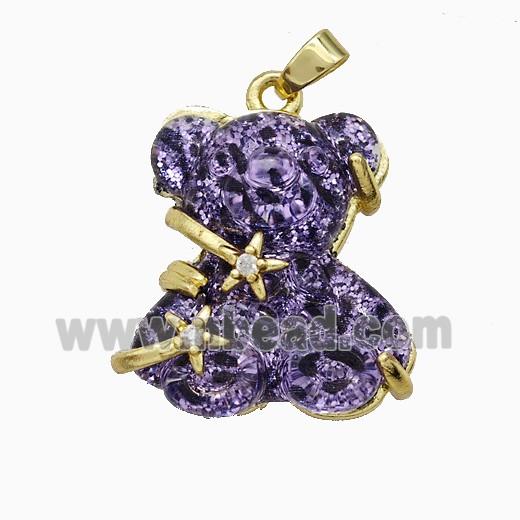 Purple Resin Bear Pendant Copper Star Pave Zirconia Gold Plated