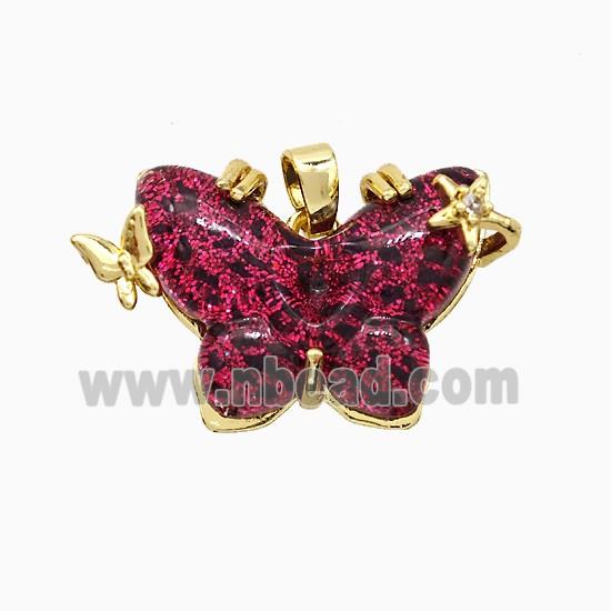 Red Resin Butterfly Pendant Copper Star Pave Zirconia Gold Plated