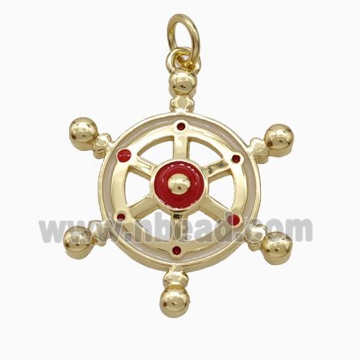 Ship Wheel Charms Copper Pendant Red Enamel Gold Plated