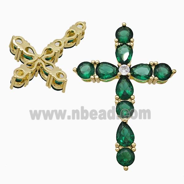 Copper Cross Pendant Pave Green Crystal Glass Gold Plated