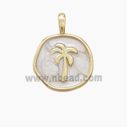 Copper Coconut Tree Pendant Palm White Enamel Circle Gold Plated