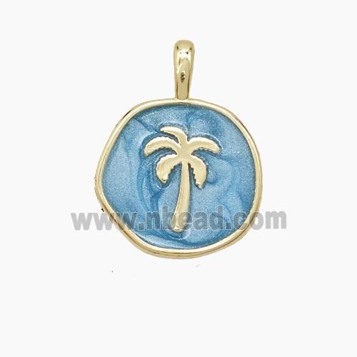 Copper Coconut Tree Pendant Palm Blue Enamel Circle Gold Plated