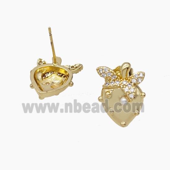 Copper Strawberry Stud Earrings Pave Zirconia Resin Gold Plated