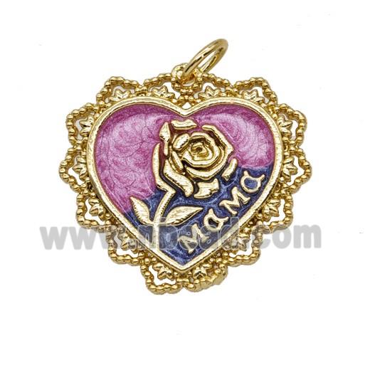 Copper Rose Flower Pendant Painted Heart Mama Gold Plated