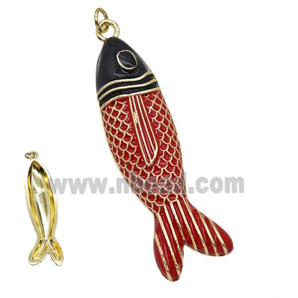 Copper Fish Pendant Red Black Enamel Gold Plated