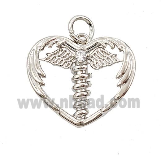 Copper Heart Wings Pendant Pave Zirconia Platinum Plated