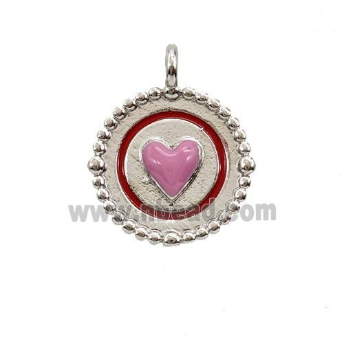 Copper Heart Pendant Pink Enamel Circle Platinum Plated