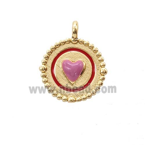 Copper Heart Pendant Pink Enamel Circle Gold Plated