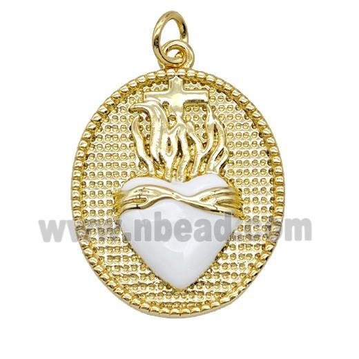Copper Sacred Heart Pendant White Enamel Oval Gold Plated