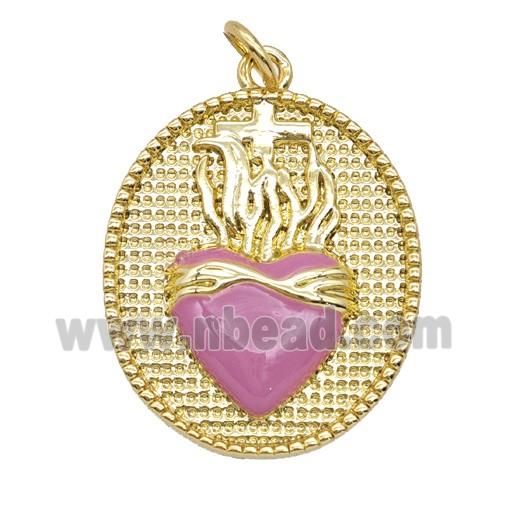 Copper Sacred Heart Pendant Pink Enamel Oval Gold Plated