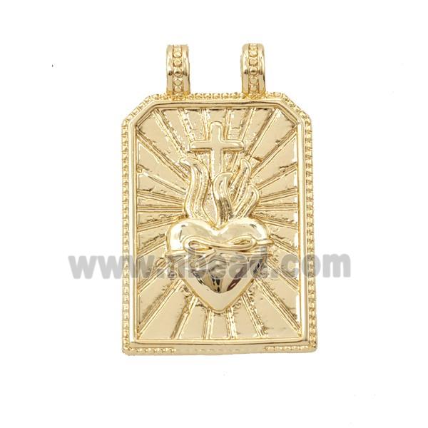 Copper Sacred Heart Pendant Sunray Rectangle 2loops Gold Plated